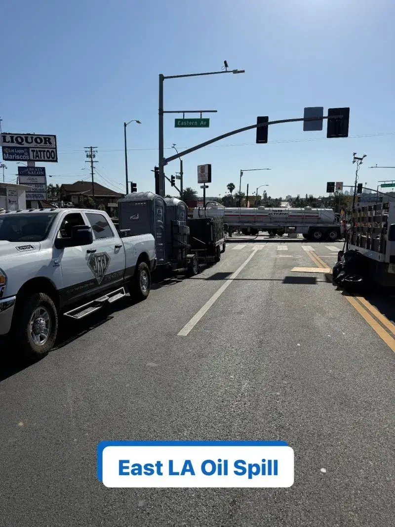 east LA oil spill clean up area with JMJ construction truck on the left side